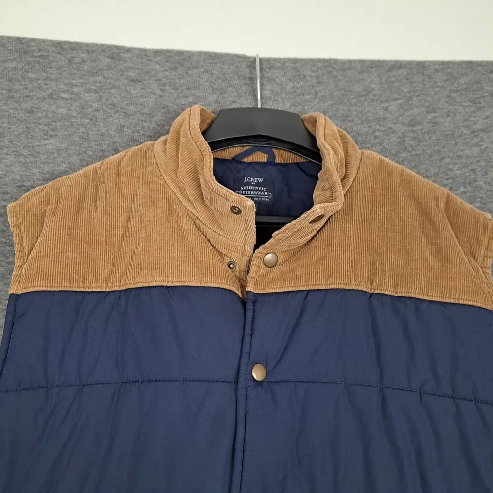 J.Crew Men's Puffer Vest Navy‎ Blue with Brown Corduroy Trim Size XL
